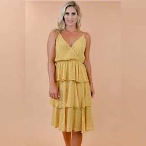 SHE+SKY* yellow lined three tier ruffle flounce adj spag strap cross fro…